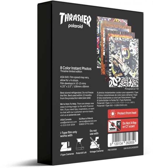 На гърба на кутията на Филм Polaroid Color Film for i-Type - Thrasher Edition има фотоколаж на тема скейтборд, информация за продукта, икони за съвместимост и червено предупреждение за предпазване на филма от повреда при рентгеново или компютърно сканиран-2