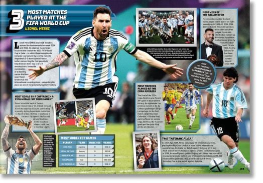 Колаж, на който Лионел Меси в аржентинска униформа празнува, държи трофей, дриблира и е със съотборници. Инфографиките акцентират върху неговите рекорди за Световната купа на ФИФА и постиженията му в Световните рекорди на Гинес Football Edition 2026.-2