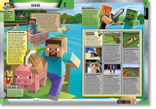 Ярка двустранична справка в изданието на рекордите на Гинес за геймъри за 2026 г. представя Стив от Minecraft със статистики, изображения и пикселизирани сцени, като изследва наследството му като водещ герой в игрите и причините за глобалния успех на Mine-2