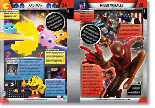 Две ярки страници от изданието на рекордите на Гинес за геймъри за 2026 г. представят Pac-Man, легендарна икона на игрите с класически аркадни графики, и Майлс Моралес в динамични сцени от комиксите за Спайдърмен.-3