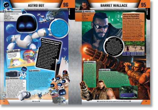 На две страници в изданието на рекордите на Гинес "Геймърско издание 2026" са представени герои от видеоигри: Астро Бот със сини и бели изображения на робот отляво и Барет Уолъс, мускулест мъж с ръка с пистолет, отдясно; и двете страници съдържат текст и -4