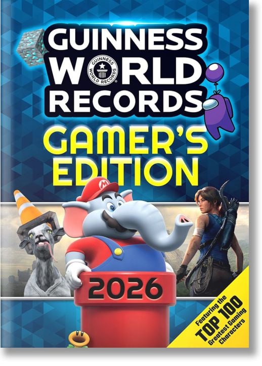 Корицата на изданието на рекордите на Гинес за геймъри за 2026 г. е с ярък жълт и бял текст, а на нея са изобразени герои като слон, облечен като Марио, лама с парти шапка и жена авантюрист.-1