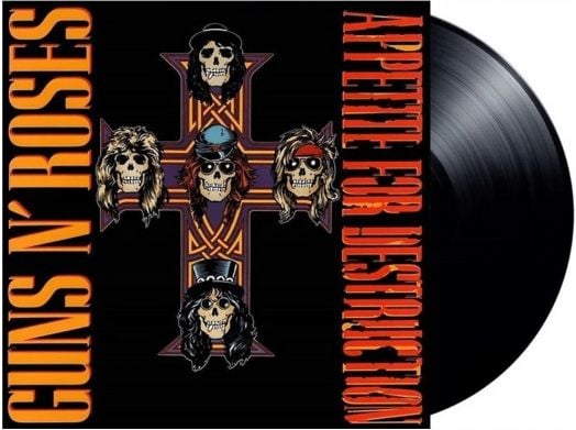 Guns N' Roses - Appetite For Destruction (VINYL) ремастерирано издание включва карикатури на черепи на групата върху кръст, с дръзкото жълто-оранжево име на групата на черен фон.