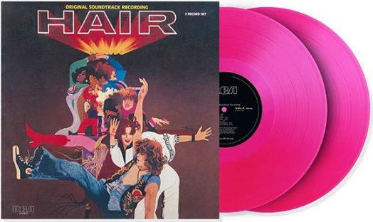 Обложка на Hair - Original Soundtrack Recording (2 VINYL) с цветни, стилизирани танцуващи герои, с две яркорозови винилови плочи от Music On Vinyl, които се виждат частично вдясно от обложката на албума.