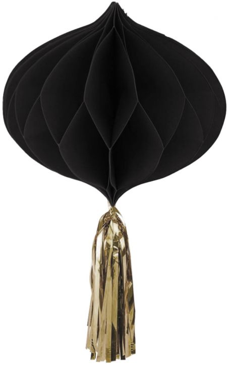 Черно хартиено фенерче от пчелна пита със златни метални ресни от комплекта Хартиена декорация Folat - Crème Noir, 3 бр. виси елегантно, идеално за парти декорация или за декоративен комплект, показано на бял фон.-2