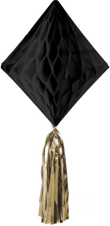 Комплектът Хартиена декорация Folat - Crème Noir, 3 бр. включва черен хартиен декор с форма на ромб и златен пискюл - идеален за рожден ден украса или за декоративен комплект Crème Noir.-3