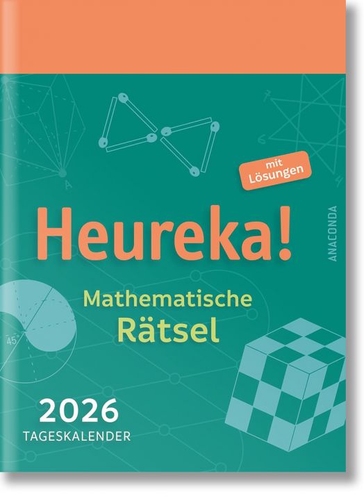 Корица на Heureka Mathematische Rätsel 2026: Tageskalender mit Lösungen от Хайнрих Хемме, на която са показани геометрични фигури, уравнения и илюстрация на куб, както и етикет, указващ, че са включени решения.-1