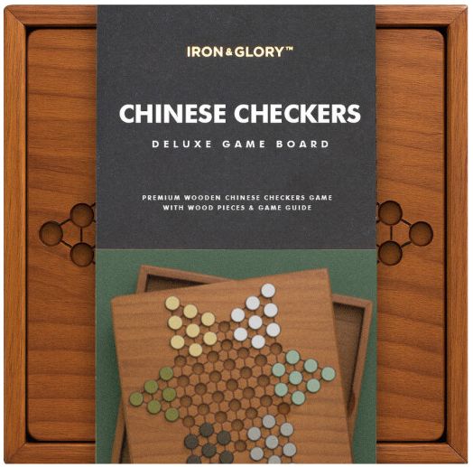 Игра Iron & Glory - Chinese Checkers е луксозен дървен настолен комплект в опаковка с дъска във формата на звезда и цветни пионки - чудесен подарък за фенове на логически игри.-1