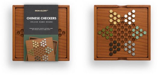 Игра Iron & Glory - Chinese Checkers: дървен настолен комплект с шестоъгълна дъска и цветни колчета в зелено, кафяво и бяло. Перфектен подарък за фенове на логически игри, показан с и без опаковка.-2