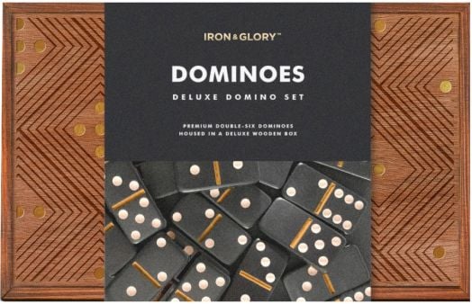 Игра Iron & Glory - Домино: луксозен комплект с черни домино плочки със златни точки в декоративна дървена кутия с геометричен дизайн и месингови инкрустации-идеален за настолни игри.-1