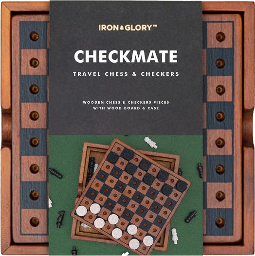 Игра Iron & Glory - Шах и Дама: дървен комплект с прегъваща се дъска и фигури, в кутия CHECKMATE Travel Chess & Checkers с изображения-идеален избор за любителите на класически игри.-1