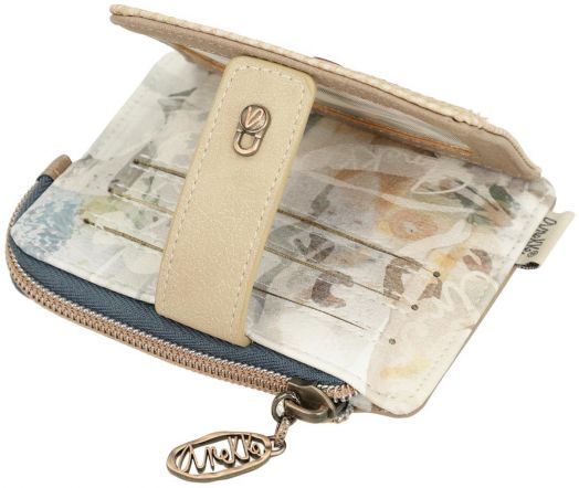 Калъфът за карти Anekke Memories (11 х 9 х 2 см) е малък бежов и светлосин портфейл с флорални мотиви, отворени слотове за карти, закопчаване и метален чар на ципа - компактен и стилен аксесоар.-6