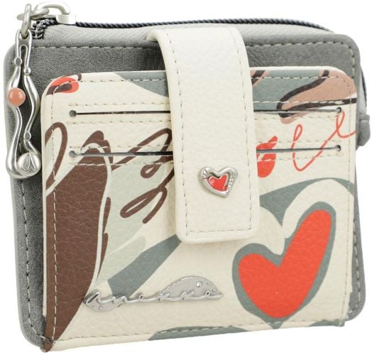 Калъф за карти Anekke Alma Ole 11х9х2 см - дамски аксесоар с кремаво-сив абстрактен дизайн, червени сърца, закопчалка със сърце и метална висулка на ципа.-1