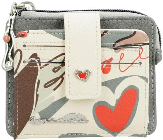 Калъф за карти Anekke Alma Ole (11х9х2 см) - малък дамски аксесоар с камуфлажен десен в сиво и бяло, червени сърца, сребристо сърце на капака, цип, отделения за карти и ключодържател с мънисто.-2