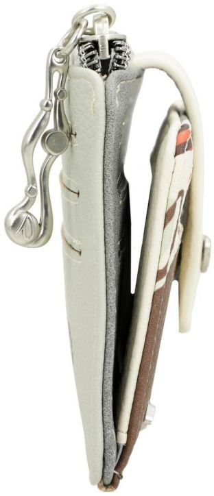 Калъфът за карти Anekke Alma Ole 11 х 9 х 2 см е тънък, светъл дамски аксесоар, показан изправен отстрани, с метален ключодържател с талисман на ципа и закопчаване с копче.-5