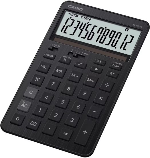 Калкулатор Casio JW-200DQ-BK, черен, с голям дисплей показва 1234567890.12 и разполага с функции за данъци, памет и стандартни аритметични операции в класически стил CASIO.-2
