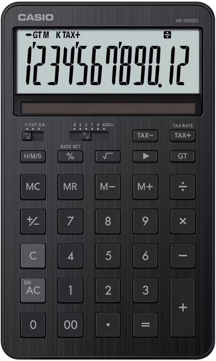 Калкулатор Casio JW-200DQ-BK, черен, с дисплей 1234567890.12, металически корпус, големи клавиши и бутони за памет и данък за лесна употреба.-1