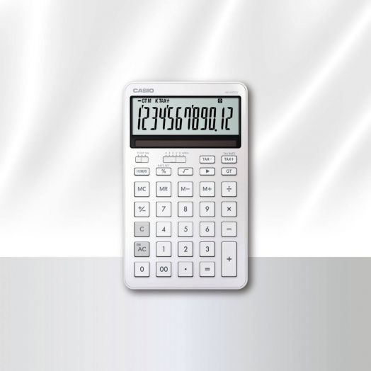 Калкулатор Casio JW-200DQ-WE, бял, с голям дисплей (1234567890.12), разположен на сребристо-бял фон, има стандартни и данъчни клавиши за ефективна офис работа.-3
