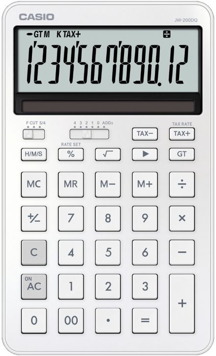 Калкулатор Casio JW-200DQ-WE, бял, с голям дисплей (1234567890.12) и функционални бутони като M+, M-, TAX+, TAX- и цифрови клавиши.-1