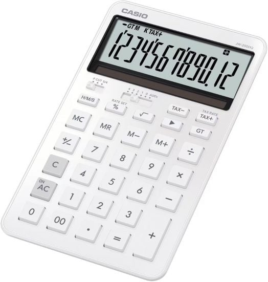 Калкулатор Casio JW-200DQ-WE, бял, с голям дисплей (1234567890.12) и бутони за данък, памет и процент.-2