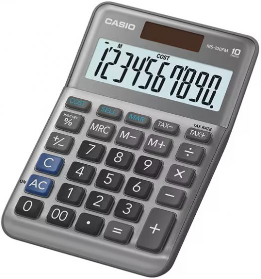 Калкулатор Casio MS-100FM, сив, с ергономичен дизайн и голям дисплей (1234567890), разполага с бутони COST, SELL, MAR, TAX+, TAX-, както и стандартни цифрови клавиши.-2