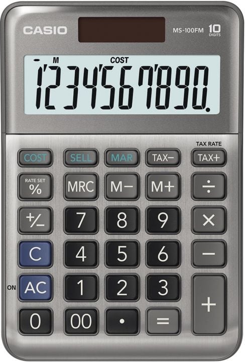 Калкулатор Casio MS-100FM, сив, с голям дисплей (показващ числа от 1 до 0) и ергономична клавиатура с основни бутони, COST, SELL и данъчни функции.-1