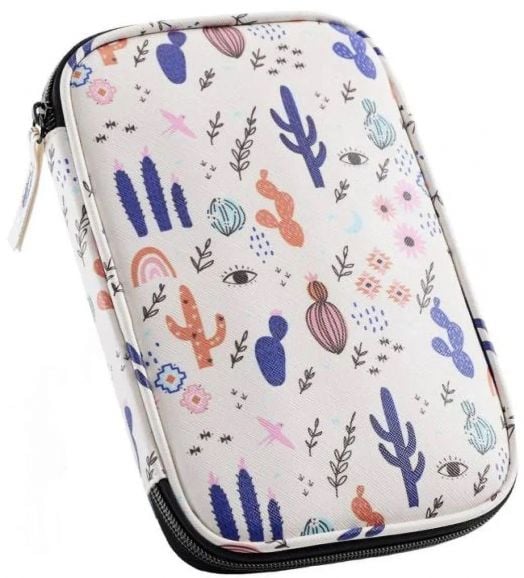 Калъфът на органайзер Микелиус Дезерт-полиестерен калъф с цип, бял фон и цветни кактуси, дъга, очи и абстрактни форми в пастелни нюанси, идеален за аксесоари или като органайзер за кабели.-1
