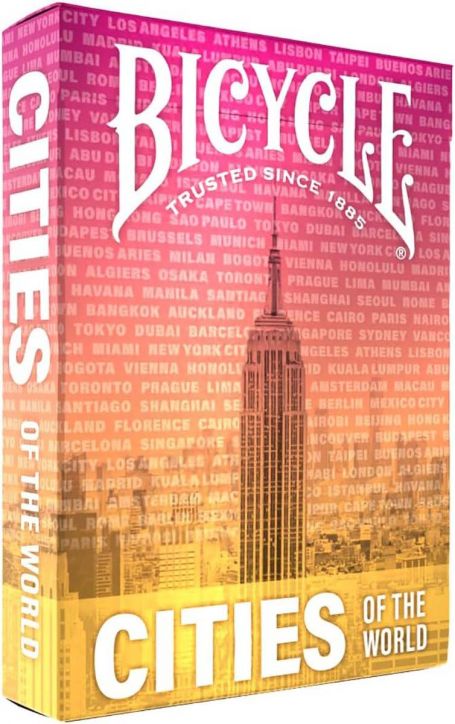 Карти за игра Bicycle Cities of the World представят кутия с емблематичната Емпайър Стейт Билдинг, цветен фон и имена на градове като Лондон, Париж и Токио, със специалното въздушно покритие за лесно разбъркване.-1