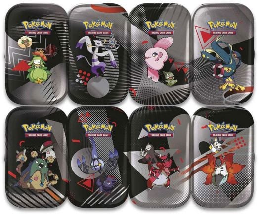 Осем правоъгълни кутии за Pokémon Trading Card Game, включително миникутията Scarlet &amp; Violet Unova, всяка с различни герои от Pokémon и динамични фонове, с емблематичното лого на Pokemon TCG в горната част - на разположение в книжарница Orange.-1