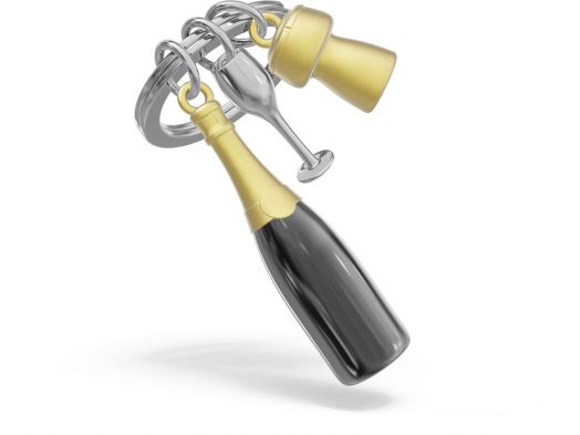 Ключодържател Metalmorphose - Champagne с три стилни висулки: бутилка шампанско, чаша и кофа с лед в златно и сребърно. Идеален подарък за празник, поднесен върху бял фон.-2