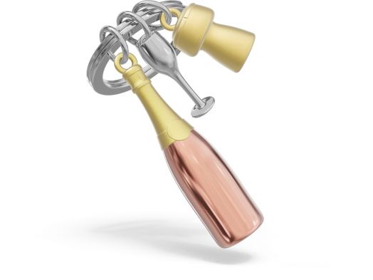 Ключодържател Metalmorphose - Champagne Rose: стилен метален аксесоар с 3D чаркове - бутилка шампанско, чаша за вино и ледарка в златно и сребърно. Идеален подарък за празник.-2