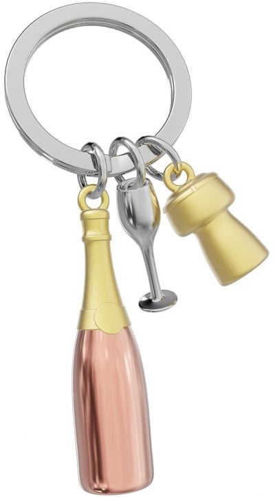 Ключодържател Metalmorphose - Champagne Rose с три 3D елемента: розово златно шампанско, златна тапа и сребърна винена чаша - стилен празничен подарък.-1