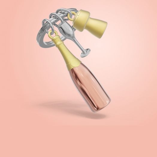 Ключодържател Metalmorphose - Champagne Rose с три 3D метални миниатюри - златно и сребърно шампанско, сребърна чаша, върху розов фон. Идеален подарък за специален повод.-3