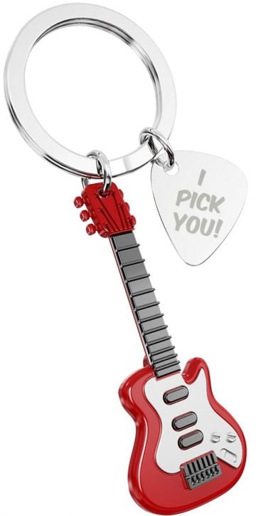 Ключодържател Metalmorphose - Electric Guitar: метален ключодържател с червено-бяла електрическа китара и сребърно перце, гравирано с "I PICK YOU!"-перфектен подарък за музиканти.-1