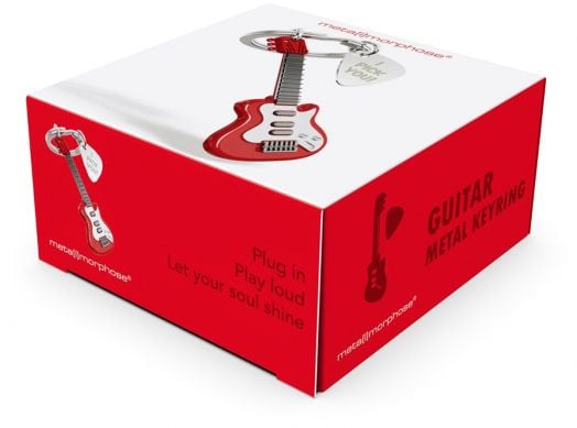 Червено-бяла кутия с изображение на червена електрическа китара, с надпис Ключодържател Metalmorphose - Electric Guitar, съдържа текста "GUITAR METAL KEYRING" и "идеален подарък за музиканти".-3
