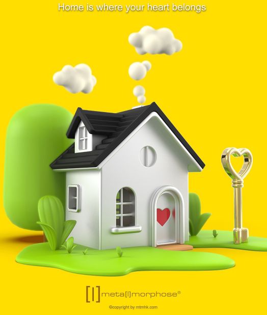 3D илюстрация на бяла къща със сърце на вратата, зеленина, облаци над нея и ключодържател Metalmorphose - Home Sweet Home с форма на златен ключ. Текст: "Домът е там, където принадлежи сърцето ти"-идеален подарък за нов дом.-3