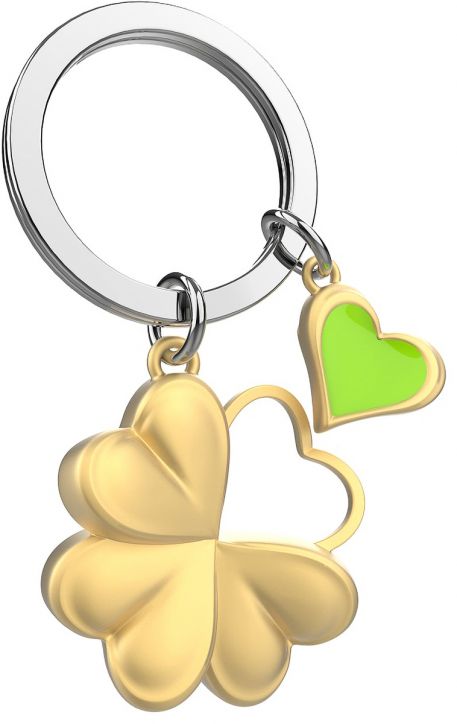 Ключодържател Metalmorphose - Lucky Clover: Метален аксесоар със златна четирилистна детелина и зелено сърце в златна рамка на сребърен ринг, идеален подарък за късмет. Единият лист е очертан. Бял фон.-1