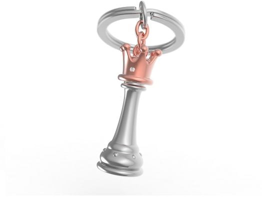 Ключодържател Metalmorphose - Queen Chess: метален аксесоар със сребриста фигура на шахматна царица и корона в розово злато - идеален подарък за фенове на шаха, изолиран на бял фон.-3