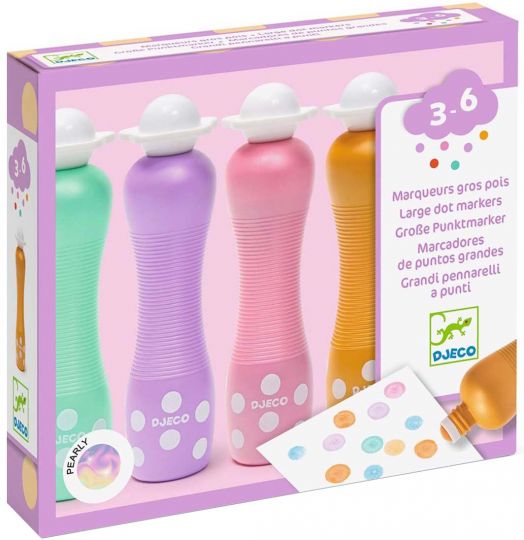 Комплект маркери за оцветяване с точки Djeco, 4 перлени цвята - големи, миещи се пастелни маркери, подходящи за деца от 3 до 6 години. Създават се цветни точки в лилаво, синьо, розово и оранжево.-1
