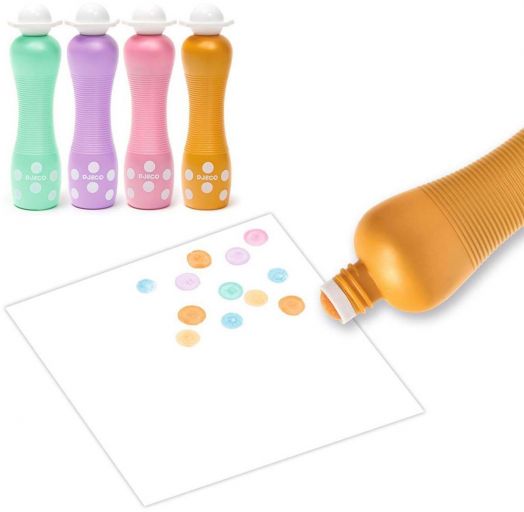 Комплект маркери за оцветяване с точки Djeco включва 4 перлени цвята - зелен, лилав, розов и син, всеки с бели точки по корпуса и миещ се перлен ефект за създаване на цветни точки върху бял лист.-2