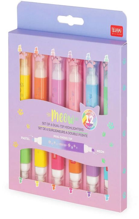 The Комплект от 6 двувърхи маркера Legami - Meow включва пастелни маркери с котешки лапички в жълто, оранжево, розово, лилаво, синьо и зелено.-1