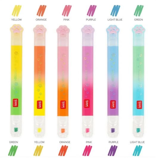 Комплект от 6 двувърхи маркера Legami - Meow с капачки под формата на котешки лапички, всеки в преливка от два цвята: За да се възползвате от тези възможности, трябва да имате предвид, че те са: жълто-зелено, оранжево-жълто, розово-оранжево, лилаво-розово-2