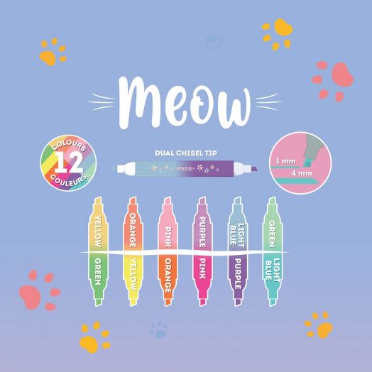 Комплект от 6 двувърхи маркера Legami - Meow в жълто, зелено, оранжево, розово, лилаво и светлосиньо са на пастелнолилав фон с лапички. Текст: мяу и "12 цвята, двоен скосен връх: 1 мм / 4 мм.-3