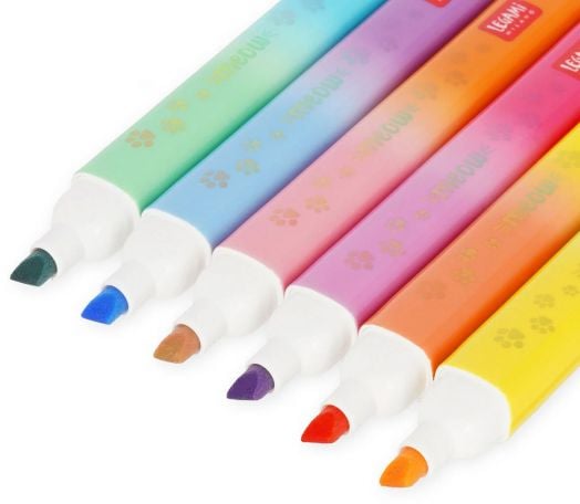 Комплектът от 6 двувърхи маркера Legami - Meow включва пастелни цветове: зелено, синьо, праскова, лилаво, оранжево и жълто. Маркерите имат подходящи капачки и са идеални за училище!.-4