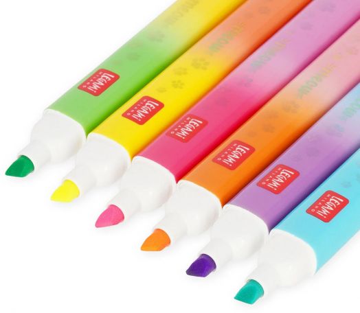 Комплектът от 6 двувърхи маркера Legami - Meow е подреден диагонално върху бял фон, във всякакви цветове-зелено, жълто, розово, оранжево, лилаво и синьо. Маркерите имат шарени корпуси и червени етикети.-5