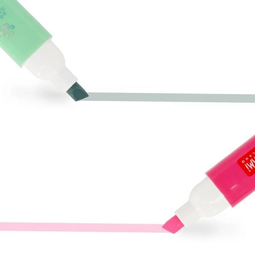 Два маркера Legami Meow от комплекта от 6 двувърхи маркера Legami - Meow рисуват успоредни линии: зелена в горния ляв ъгъл с тилова линия и розова - идеална за маркери за училище - с яркорозова линия върху бяло.-7