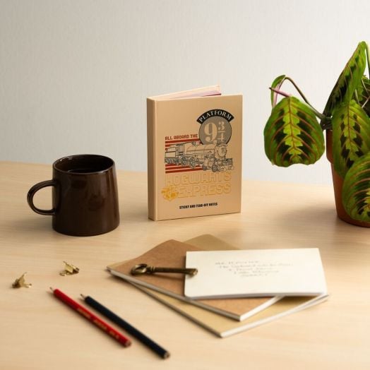 Кафява чаша, Комплект самозалепващи листчета Grupo Erik Хари Потър, моливи и книгата "Платформа 9¾ Хогуортс експрес" са подредени върху светло дървено бюро със зелено саксийно растение на заден план.-5