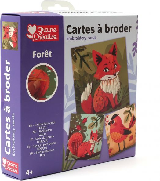 Кутия с надпис "Комплект за бродиране върху карти Graine Creative - Гора" съдържа илюстрирани карти за бродиране на лисица. На опаковката са изобразени цветни лисици и е обозначена за възраст над 4 години.-1