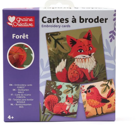 Комплект за бродиране върху карти Graine Creative - Гора: цветни животни от гората, подходящ за деца над 4 г. Лилава опаковка с текст на няколко езика - перфектен избор за ръчна изработка!.-2