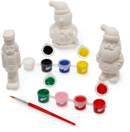 Комплектът за декориране на коледни фигурки Legami включва три небоядисани празнични керамични фигурки - орехотрошачка, снежен човек и Дядо Коледа - плюс цветни съдове за боядисване и червена четка за празнична украса.-3